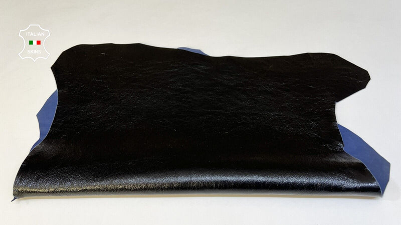BLACK PATENT CRINKLE ON BLUE Thick Soft Italian Goat leather 4sqf 1.1mm #B9549