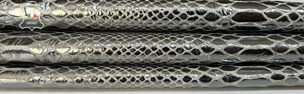 METALLIC STEEL SNAKE PRINT On Italian Goatskin Leather hides 5sqf 1.0mm #B7832