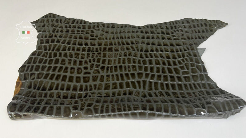 PATENT KHAKI GREEN CROCODILE Print On Thick Goatskin leather 4sqf 1.2mm B7752