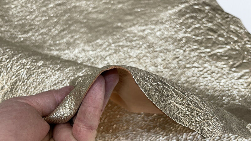 METALLIC LIGHT GOLD CRISPY crinkled Goatskin leather 2 skins 14sqf 1.2mm #A7326