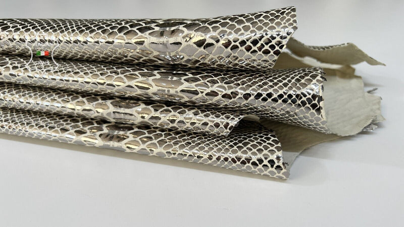 METALLIC LIGHT PLATINUM SNAKE PRINT On Goat Leather 4 skins 18sqf 0.9mm #B7837