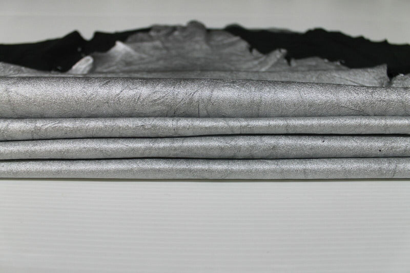 METALLIC SILVER ANTIQUED wrinkle Lambskin leather 2 skins 7sqf 0.6mm #A7028