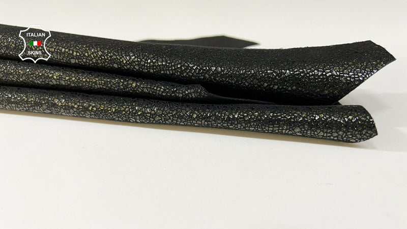 GOLD GLITTERS PRINT ON BLACK Soft Italian Goatskin leather 2sqf 0.9mm #B9198