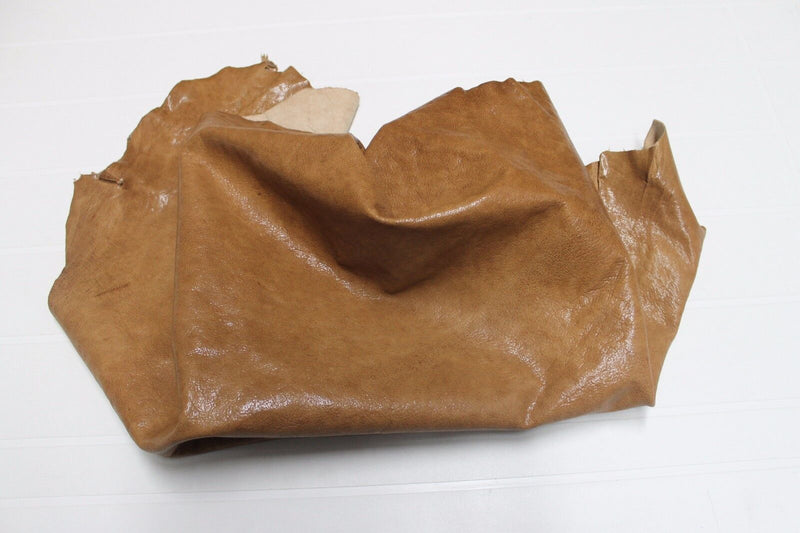 Italian thick Goatskin leather hide hides skin  WASHED CAMEL TAN SHINY 5+sqf