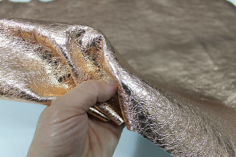 METALLIC ROSE GOLD crinkled crinkle rough Lambskin leather skin 6sqf 0.8mm A6019