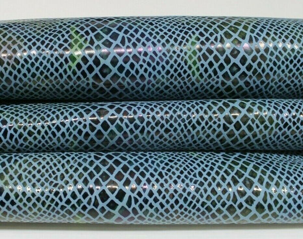 SNAKE PRINT ON SKY BLUE Italian Goatskin Goat leather skins 9-11sqf 0.7mm #A6917