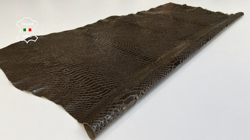 BROWN OLIVE SNAKE SHINY PRINT on Thin Soft Lambskin leather 6sqf 0.5mm B5099