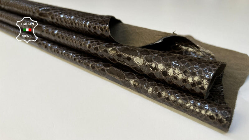 BROWN OLIVE SNAKE SHINY PRINT on Thin Soft Lambskin leather 6sqf 0.5mm B5099