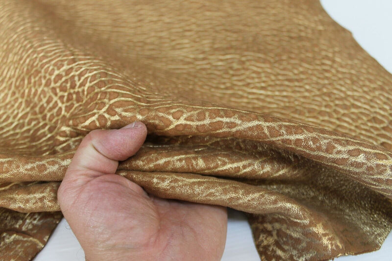 METALLIC GOLD ON GRAINY SAND BROWN thick Lambskin leather skin 6sqf 2.0mm #A6870