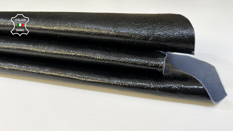 BLACK PATENT CRINKLE ON BLUE Thick Soft Italian Goat leather 4sqf 1.1mm #B9549