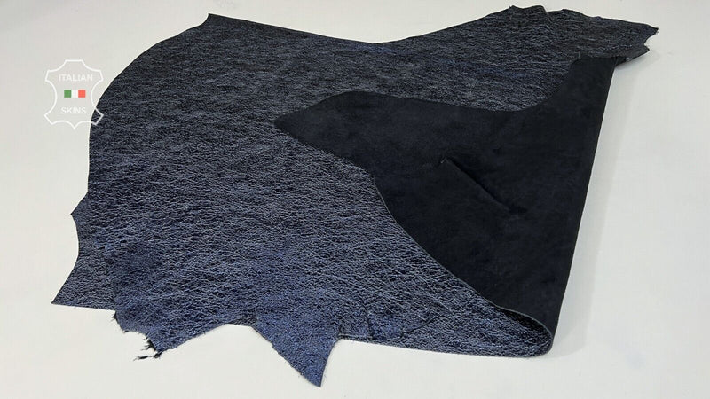 METALLIC BLUE VINTAGE CRISPY CRINKLED Calfskin leather 2 skins 10sqf 1.3mm B7425