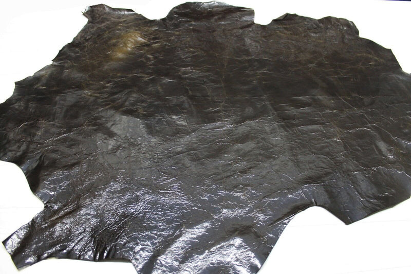 Italian Goatskin leather hides skin skins CRACKED PATENT BROWN OLIVE 6sqf #A779