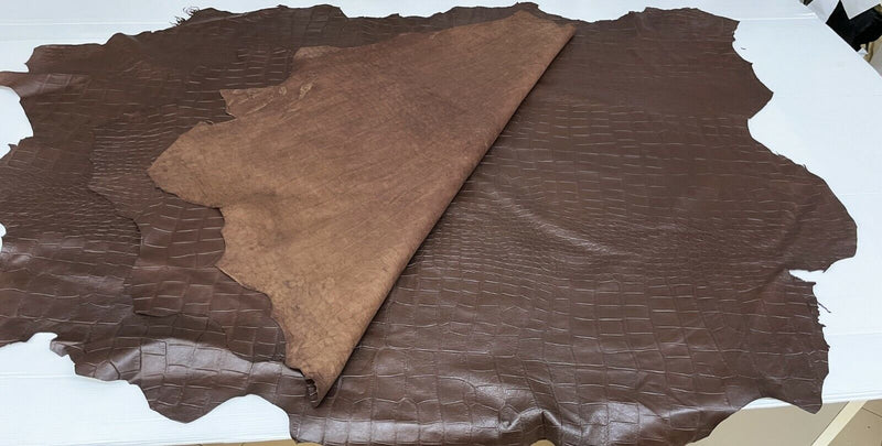 BROWN CROCODILE embossed  Lambskin Lamb leather 2 skins total 18sqf 0.5mm #A7411