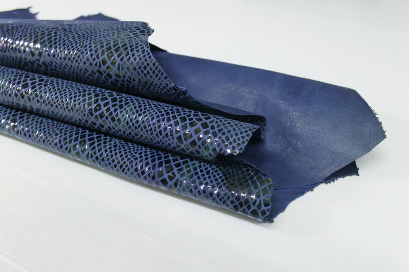 SNAKE PRINT ON BLUE Italian Goatskin Goat leather skins 6-9sqf 0.7mm #A6916