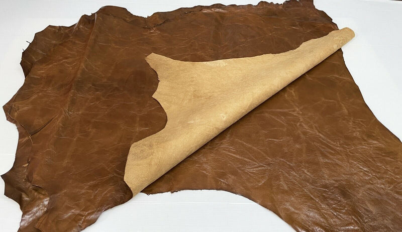 SHINY BROWN ANTIQUED Lambskin Lamb Sheep leather 2 skins 14sqf 1.0mm #A7162