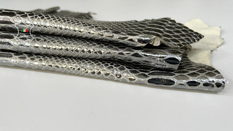 METALLIC STEEL SNAKE PRINT On Italian Goatskin Leather hides 5sqf 1.0mm #B7832