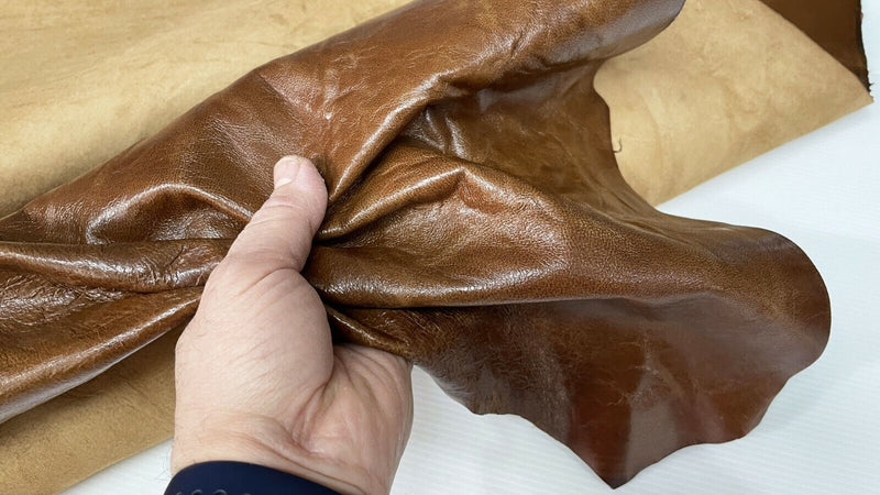 SHINY BROWN ANTIQUED Lambskin Lamb Sheep leather 2 skins 14sqf 1.0mm #A7162