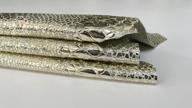 METALLIC WHITE GOLD SNAKE PRINT On Thick Italian Lamb Leather 3sqf 1.1mm #B7985