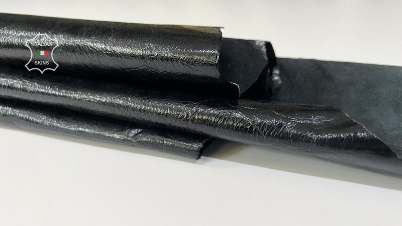 PATENT BLACK CRINKLED SHINY Soft Italian Lambskin leather hide 6sqf 0.7mm #B7408