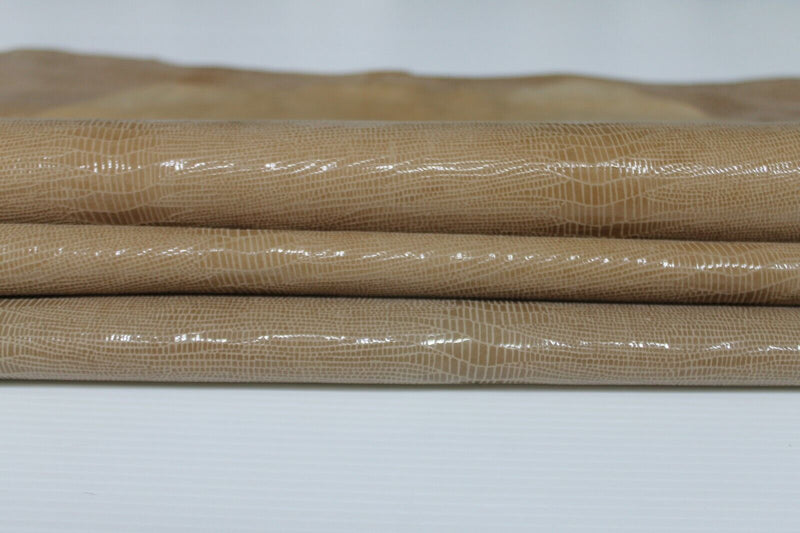 BEIGE TEJUS REPTILE print shiny sand texture Goatskin leather 2 skins 5sqf A6921