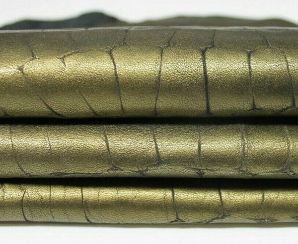 WASHED BRASS CROCODILE textured Lamb Leather 2skins 15sqf 1.2mm #A8877
