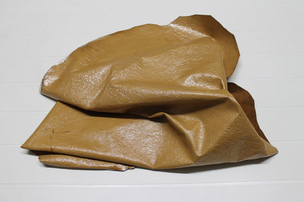 Italian Lambskin leather skin SHINY PATENT CRINKLE NATURAL CAMEL 5sqf #A1125