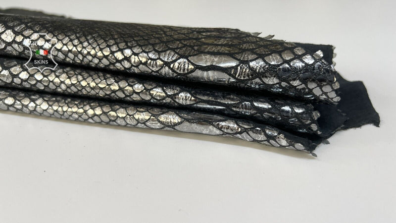 METALLIC STEEL SNAKE PRINT On Soft Italian Goatskin Leather 3+sqf 0.9mm #B7863