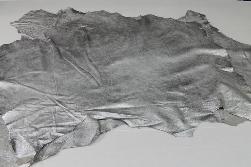 METALLIC SILVER VINTAGE distressed Lambskin leather 2 skins 14sqf 0.6mm #A7029