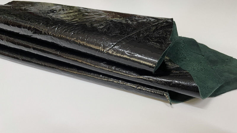 VERY DARK GREEN PATENT CRINKLED Italian Lambskin leather hides 5sqf 0.8mm #B2510