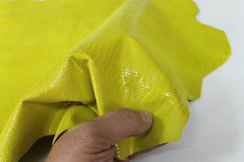 YELLOW SHINY REPTILE TEJUS print Goatskin leather skins hides 3sqf 0.7mm #A6924
