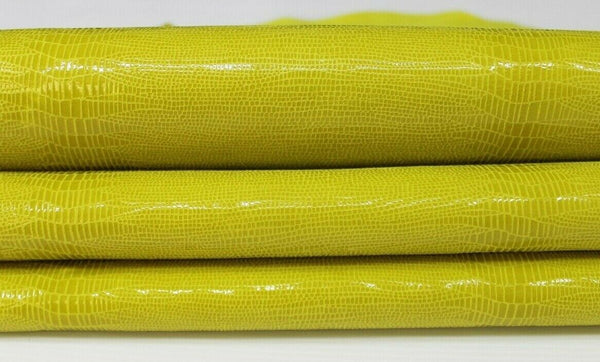 YELLOW SHINY REPTILE TEJUS print Goatskin leather skins hides 3sqf 0.7mm #A6924