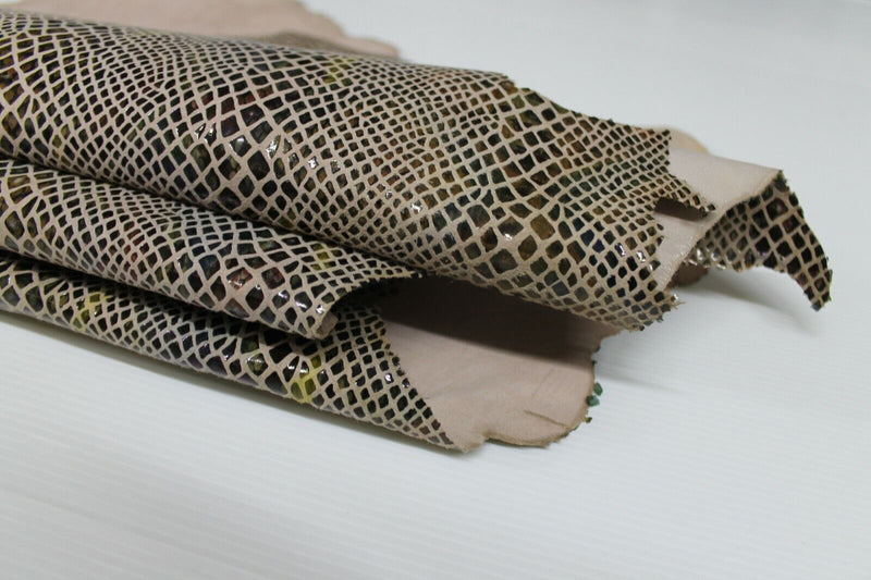 SNAKE PRINT ON BEIGE Italian Lambskin Lamb Sheep leather skin 9sqf 0.7mm #A7075