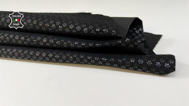 BLACK SUEDE FLOWERS PRINT ON Italian Goatskin Leather hides 2sqf 0.7mm #B9171