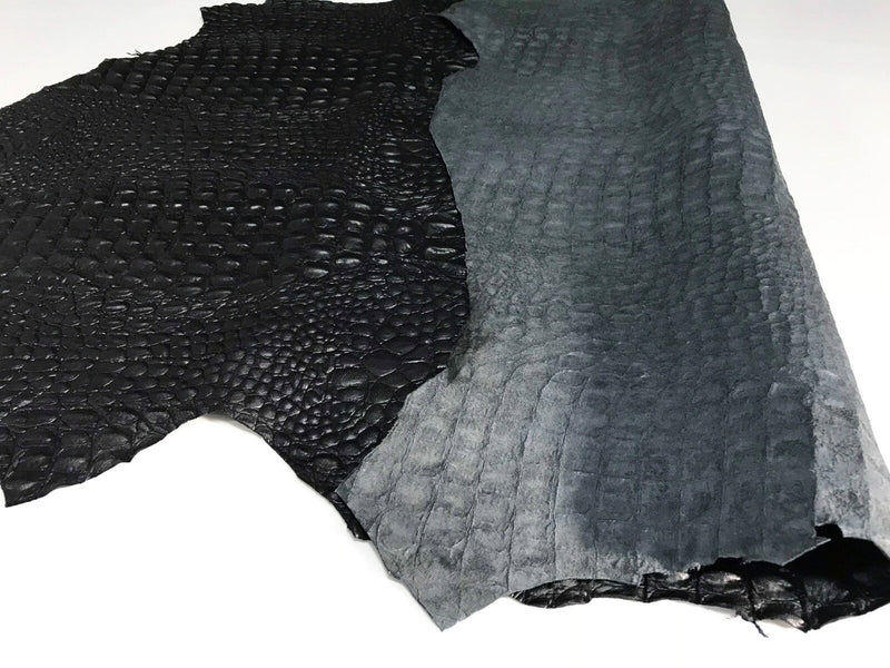 BLACK ALLIGATOR CROCODILE 3D embossed on Italian lambskin leather skins 4-8sqf