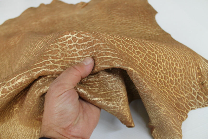 METALLIC GOLD ON GRAINY SAND BROWN thick Lambskin leather skin 6sqf 2.0mm #A6870