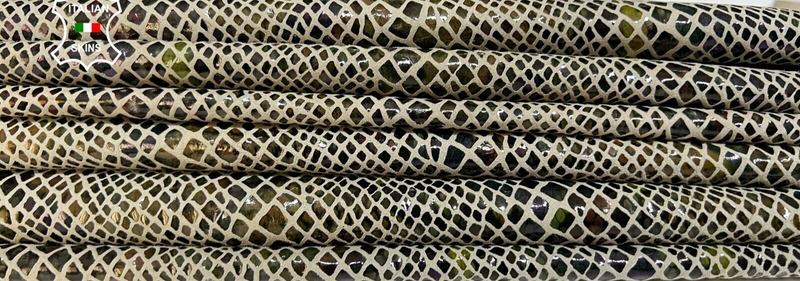 OLIVE ARMY SNAKE PRINT HOLOGRAPHIC On Lambskin leather 2 skins 12sqf 0.3mm B6515