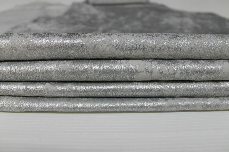 METALLIC SILVER VINTAGE distressed Lambskin leather 2 skins 14sqf 0.6mm #A7029