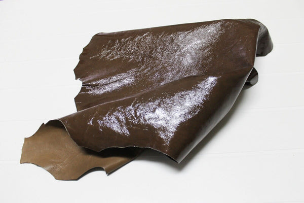 Italian Goatskin leather skin skins hides CRINKLE PATENT BROWN OLIVE 3sqf