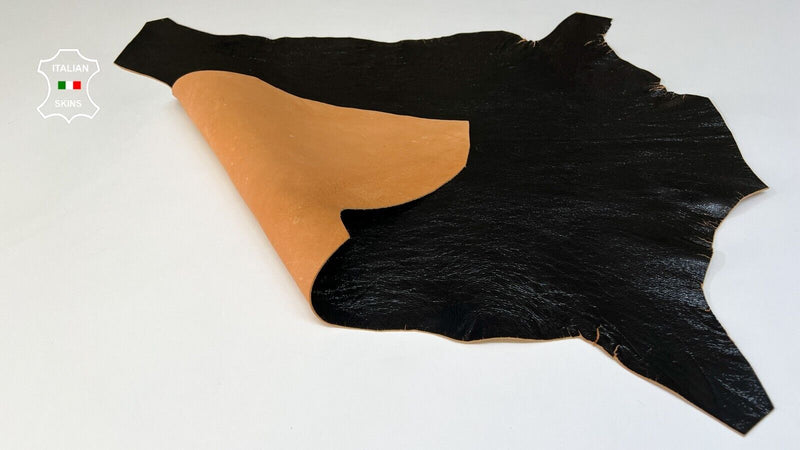 BLACK PATENT CRINKLE ON TAN Thick Italian Goatskin leather hide 3sqf 1.5mm B9550