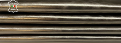 Two pieces of metallic smog bronze crinkled goatskin leather hides from Italianskins, showcasing textured, flexible 0.8mm thick leather.