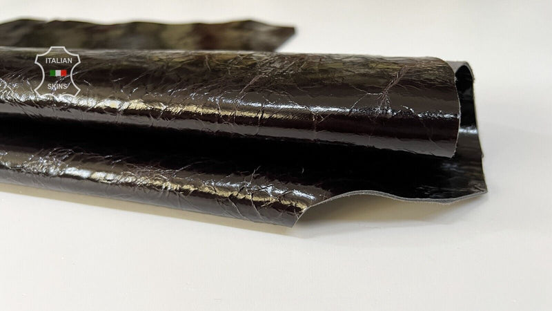 DARK BROWN PATENT CRINKLED Thick Italian Goatskin leather hide 4+sqf 1.1mm B8190