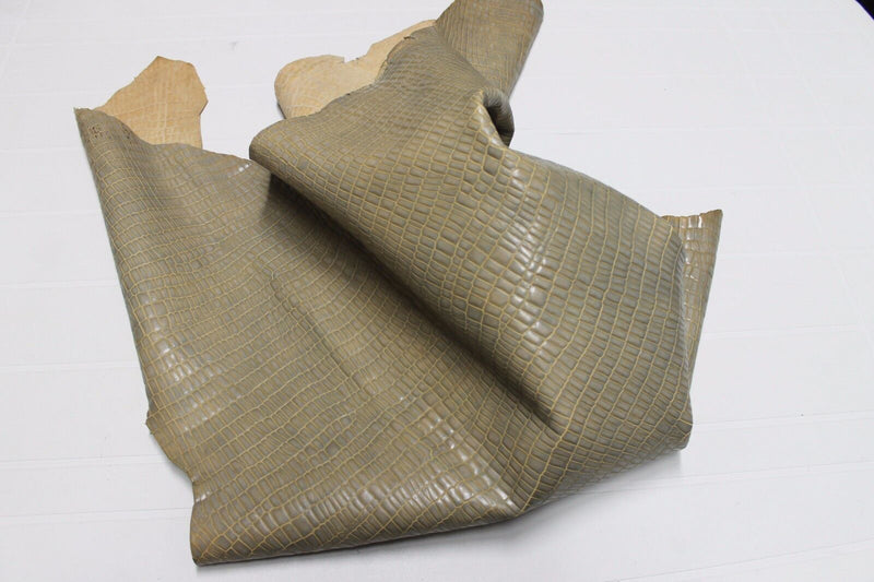 Italian CALF leather skin BEIGE DISTRESSED CROCODILE EMBOSSED 8+sqf #A1918