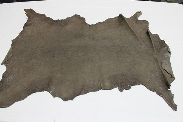 Italian Goatskin leather skins hides WASHED KHAKI ARMY MILITARY WRINKLED  4+sqf