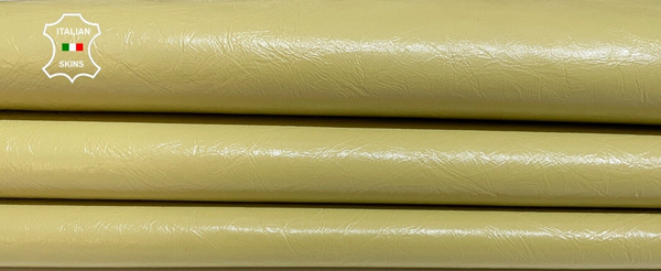 KHAKI BEIGE CRINKLED PATENT SHINY Thin Soft Lambskin leather 6+sqf 0.6mm #B2951