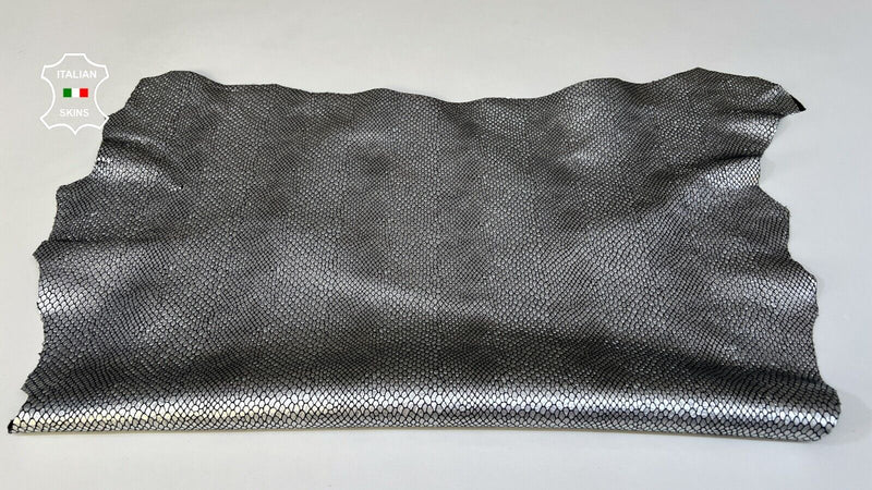 METALLIC SILVER SNAKE REPTILE PRINT On Italian Goatskin Leather 3sqf 0.8mm B9168