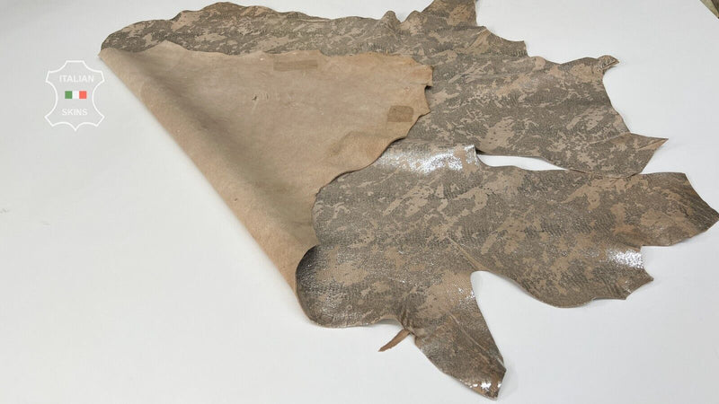 METALLIC CAMO SILVER REPTILE PRINT ON BEIGE Thick Goat leather 8+sqf 1.1mm B7414