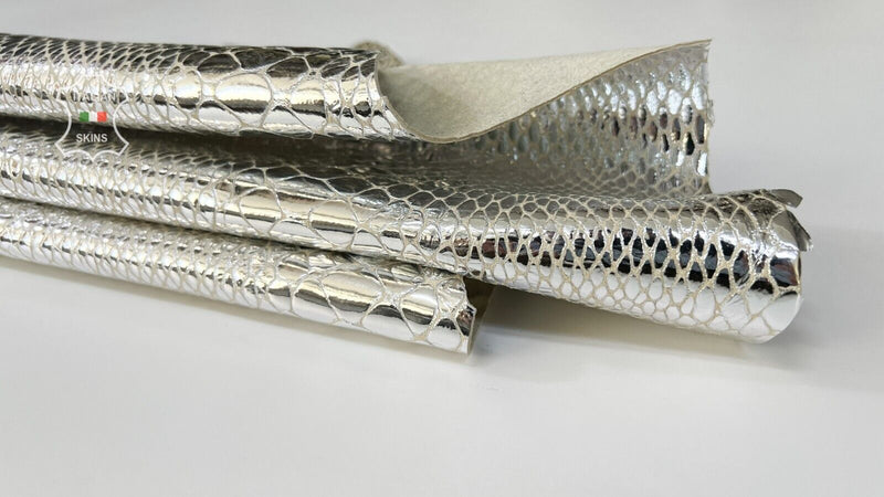 METALLIC SILVER SNAKE PRINT On Thick Italian Goatskin Leather 4+sqf 1.2mm #B7834