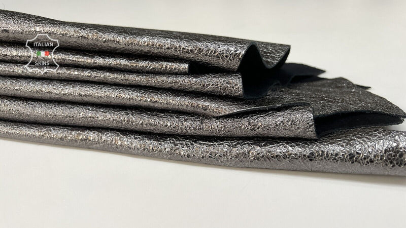 METALLIC STEEL SILVER CRISPY CRINKLED  Calf leather 2 skins 12sqf 1.9mm B7423