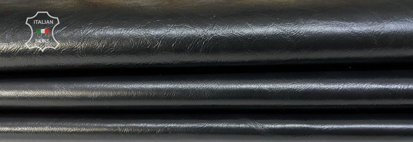 BLACK SHINY COATED CRINKLED Thin Soft Italian Lambskin leather 5sqf 0.6mm #B8289