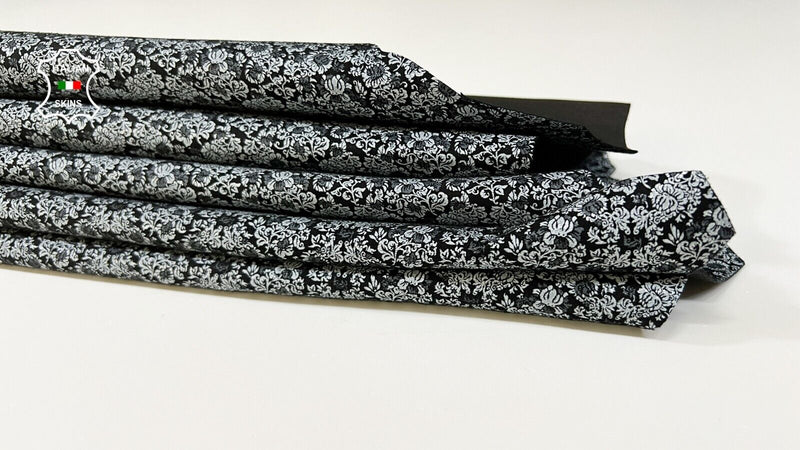 GREY FLOWERS PRINT ON BLACK Soft Italian Goat leather 2 skins 6sqf 0.8mm #B9190